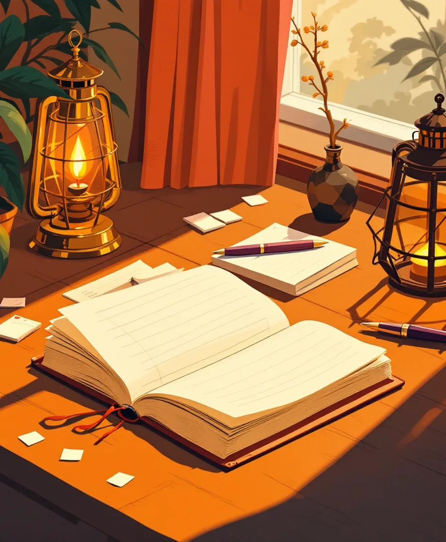 An open ledger and a lit lantern on a warm wooden desk, in the brand's sunset palette