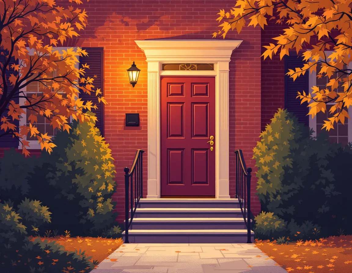 A warm brick doorway on a quiet Billerica street at dusk, a lit lantern glowing above the door, illustrated in the brand's sunset palette