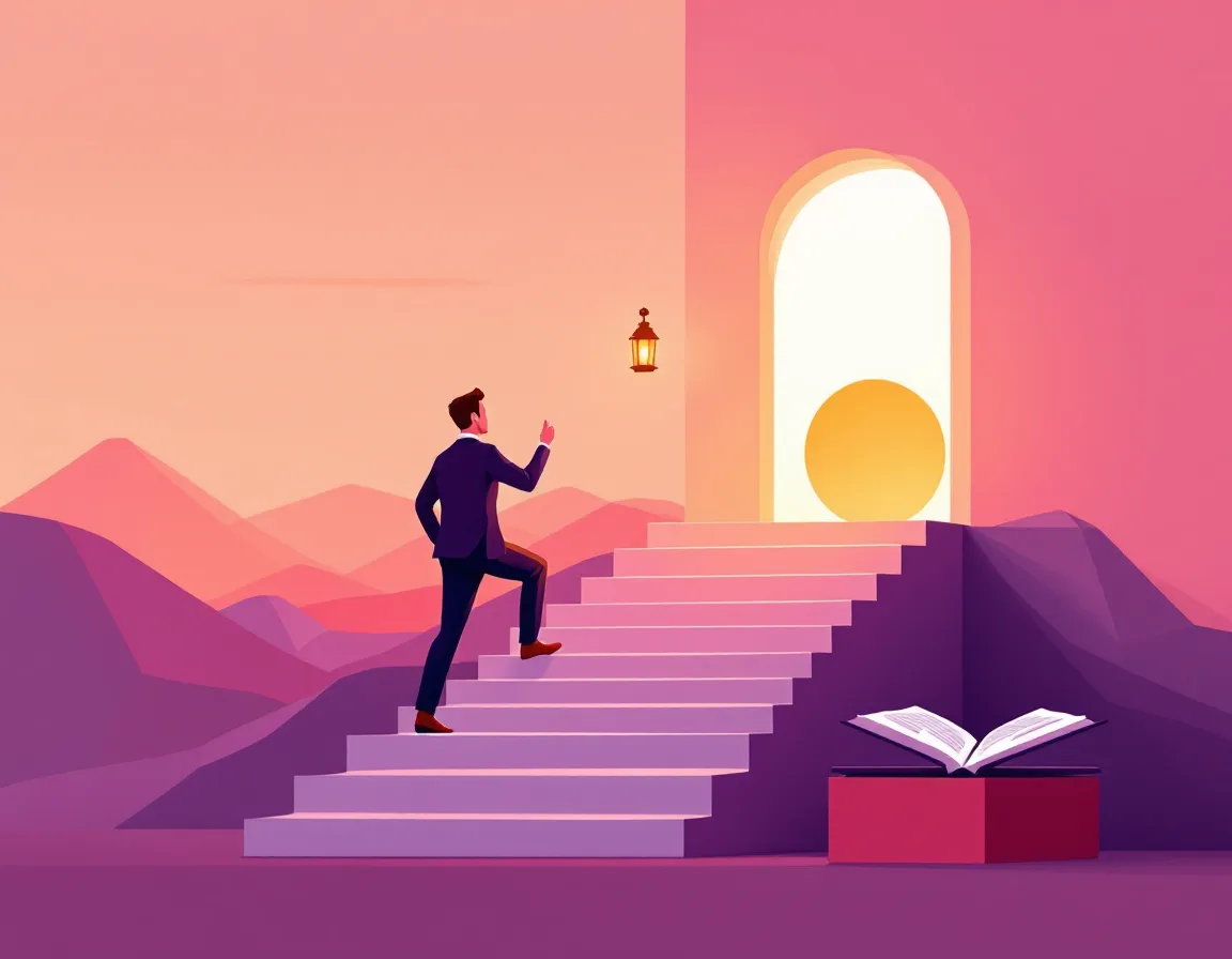 A manager climbing steps toward a glowing lantern above a doorway, illustrated in the brand's sunset palette